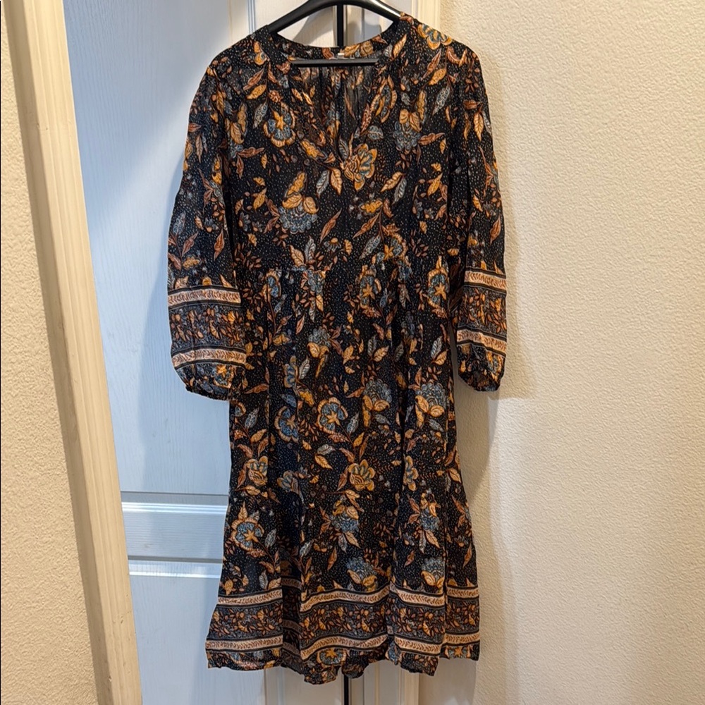 Blue and Brown A-line Long Sleeve Dress